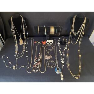 Vintage To Now Gold tone Jewelry Lot Necklace Bracelet Earrings Brooch Ring